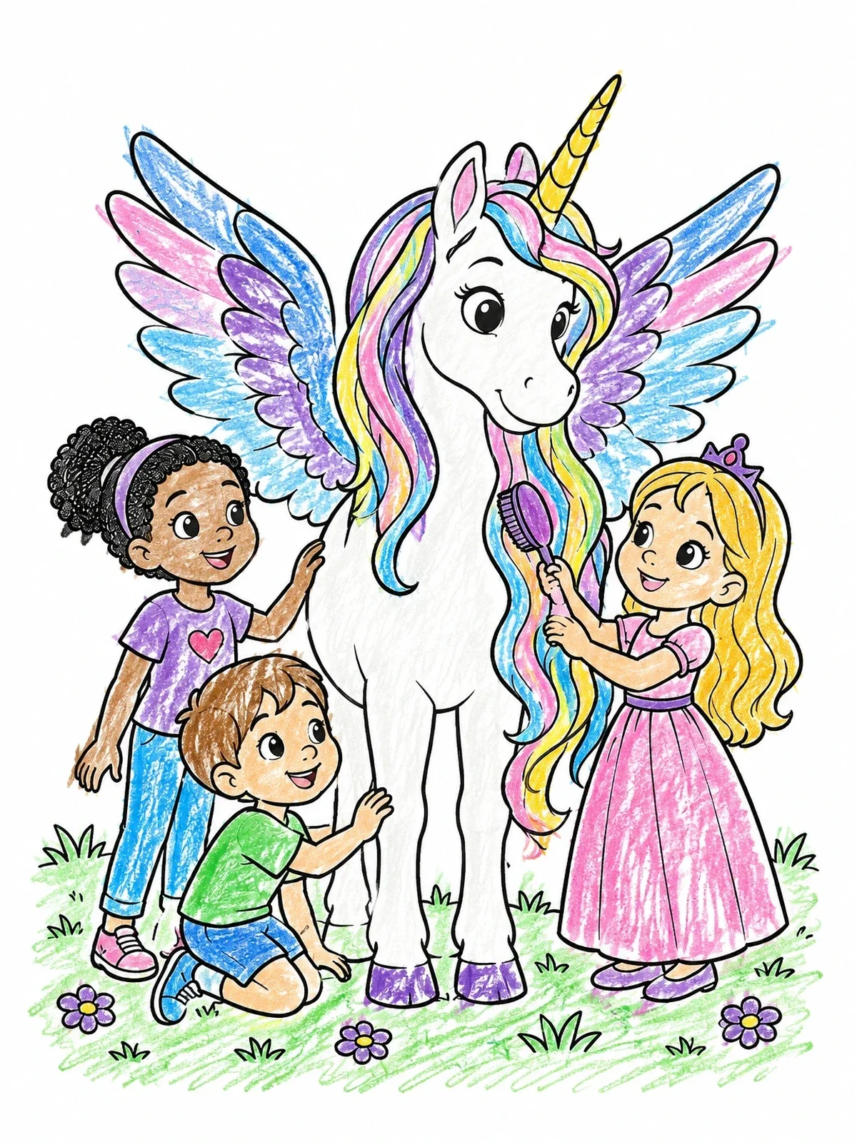 Colored example of the Children Grooming A Winged Unicorn coloring page