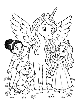 Free printable Children Grooming A Winged Unicorn coloring page