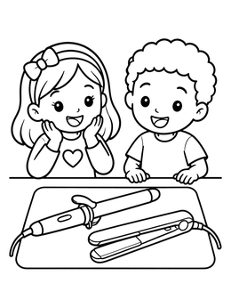Kids watching a curling iron and flat iron on a heat mat in this hair salon coloring page.