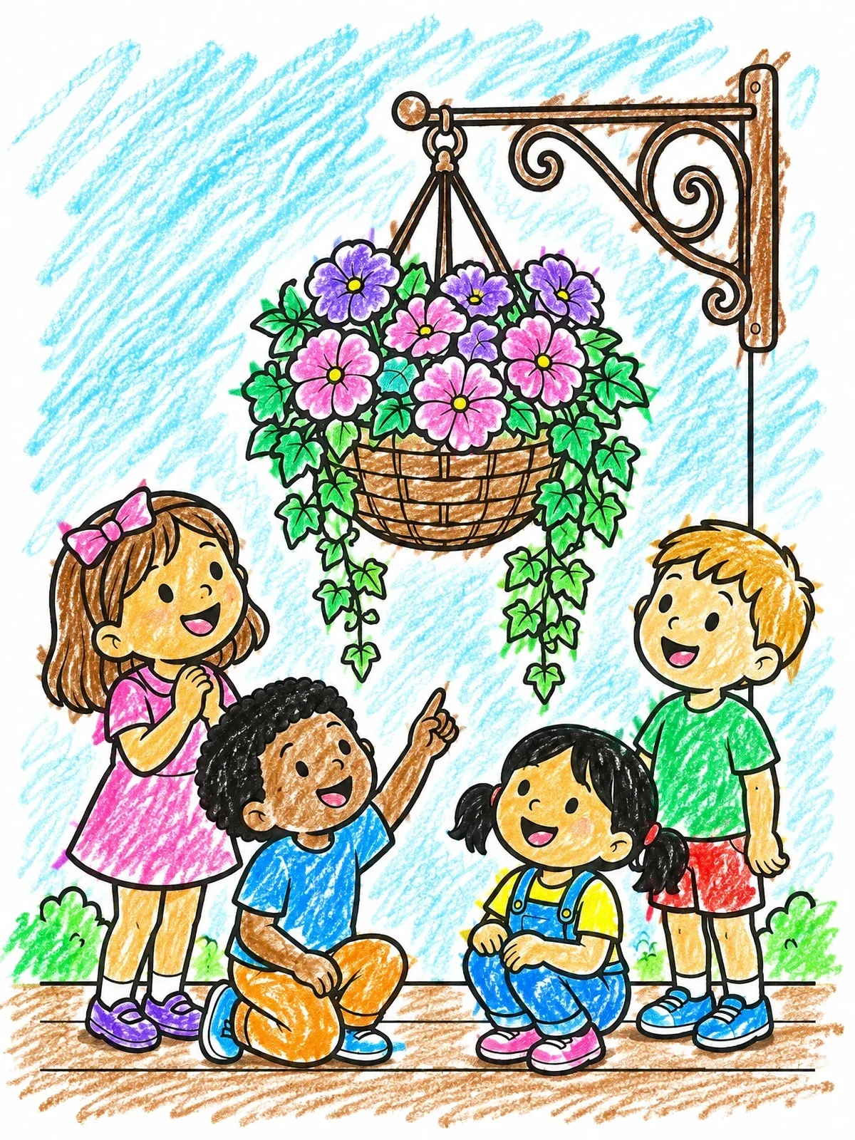 Colored example of the Children Admiring A Hanging Flower Basket coloring page