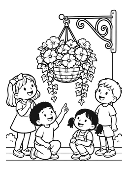 Free printable Children Admiring A Hanging Flower Basket coloring page