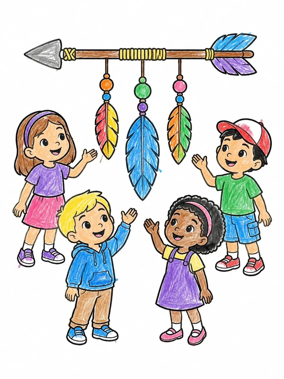 Colored example of the Children Admiring Hanging Feather Arrow coloring page