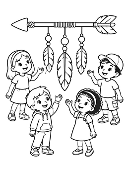 Free printable Children Admiring Hanging Feather Arrow coloring page