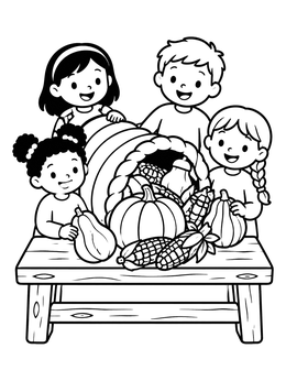 Happy children gather around a horn of plenty in this harvest coloring page.