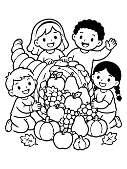 Free printable Children Celebrating With Harvest Cornucopia coloring page