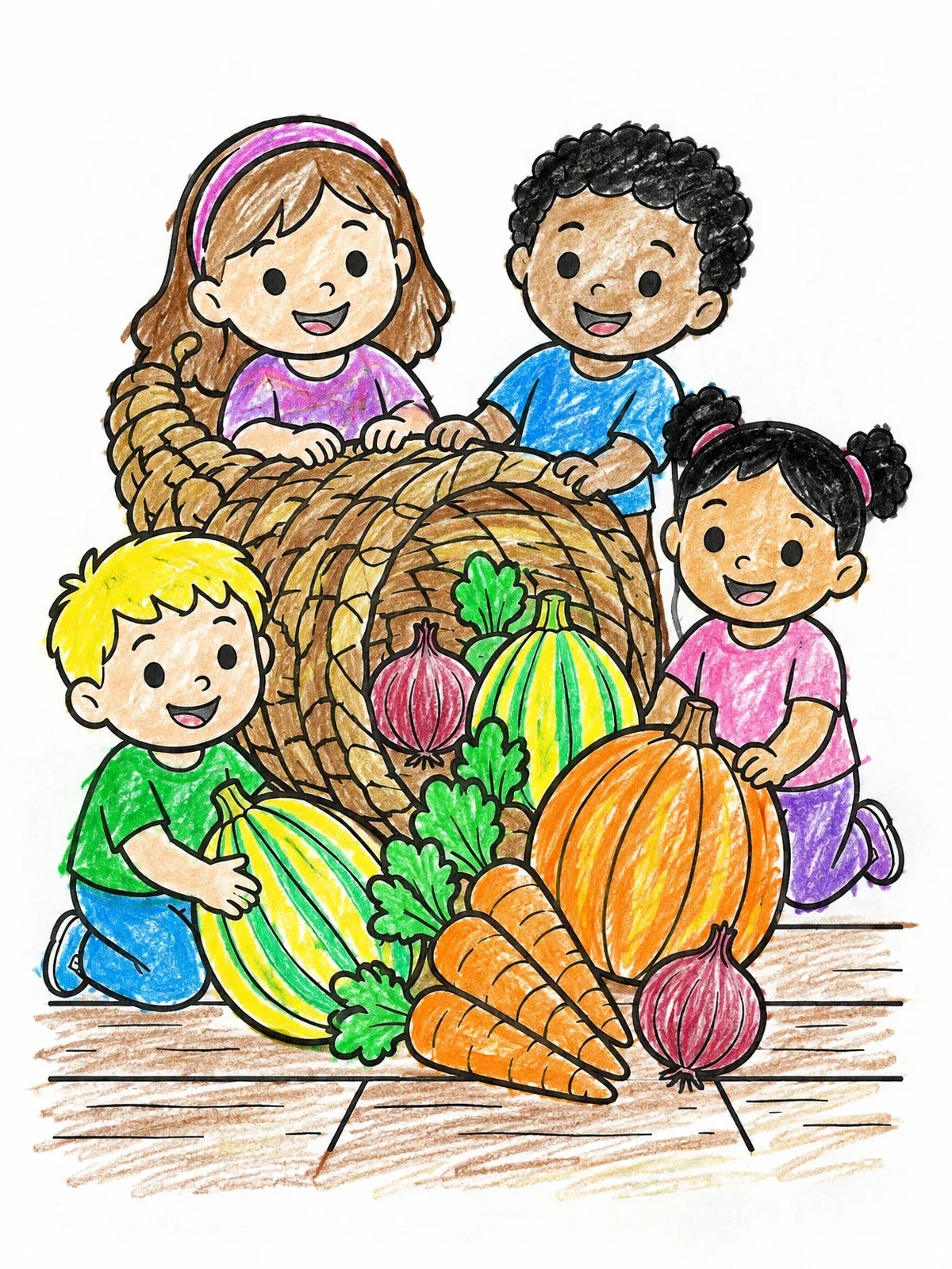 Colored example of the Children With Harvest Cornucopia coloring page