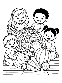 Free printable Children With Harvest Cornucopia coloring page