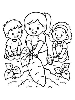 Free printable Children Harvesting A Giant Sweet Potato coloring page