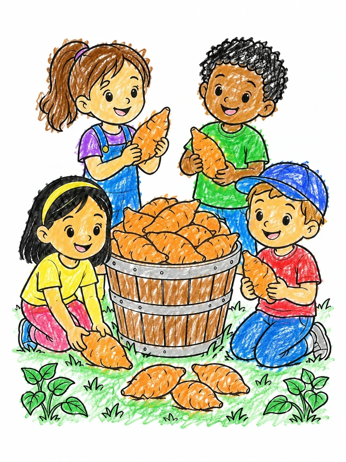 Colored example of the Children Harvesting Sweet Potatoes coloring page