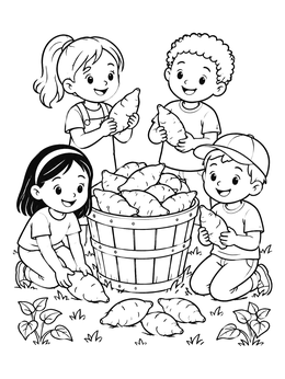 Free printable Children Harvesting Sweet Potatoes coloring page