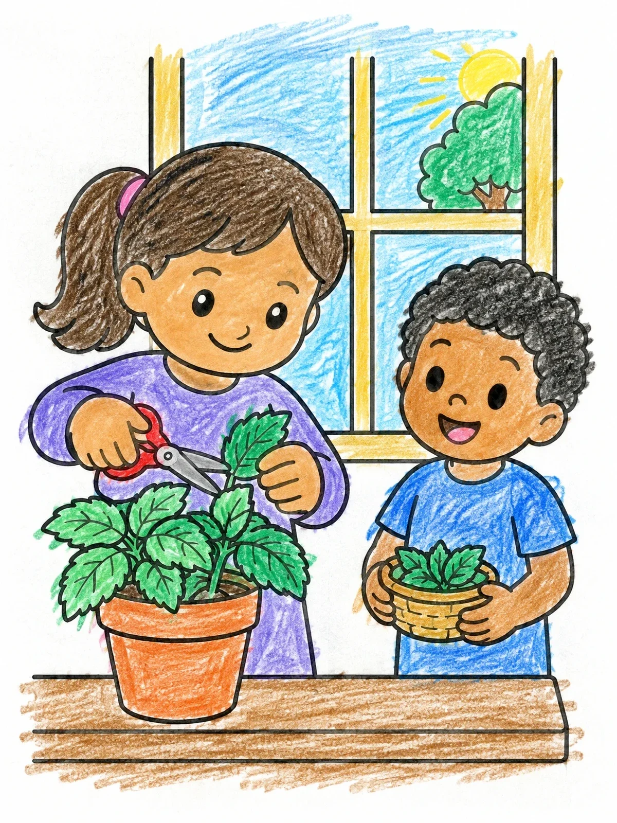 Colored example of the Children Harvesting Window Mint Herb coloring page