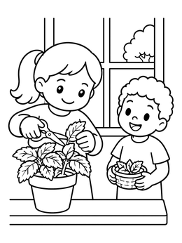 Free printable Children Harvesting Window Mint Herb coloring page