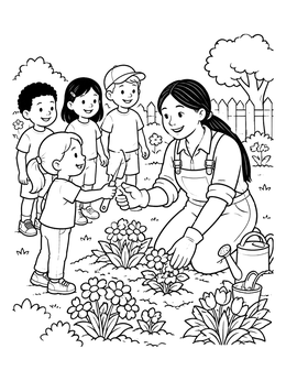 Free printable Children Helping A Friendly Gardener coloring page