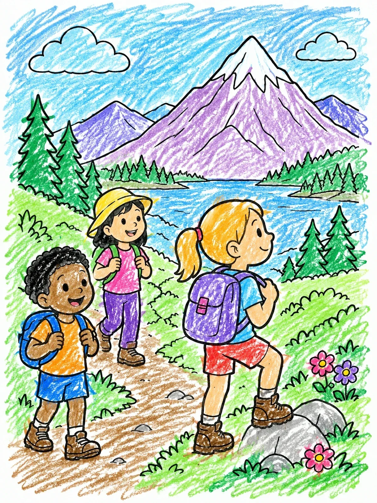 Colored example of the Children Hiking In The Mountains coloring page