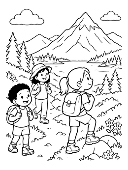 Free printable Children Hiking In The Mountains coloring page