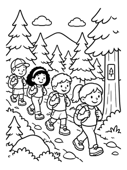 Free printable Children Hiking In The Pine Forest coloring page