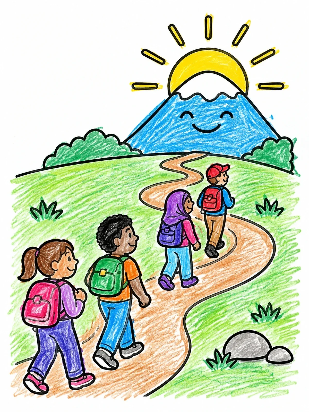 Colored example of the Children Hiking To Smiling Mountain coloring page