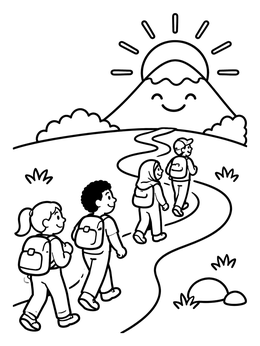 Free printable Children Hiking To Smiling Mountain coloring page