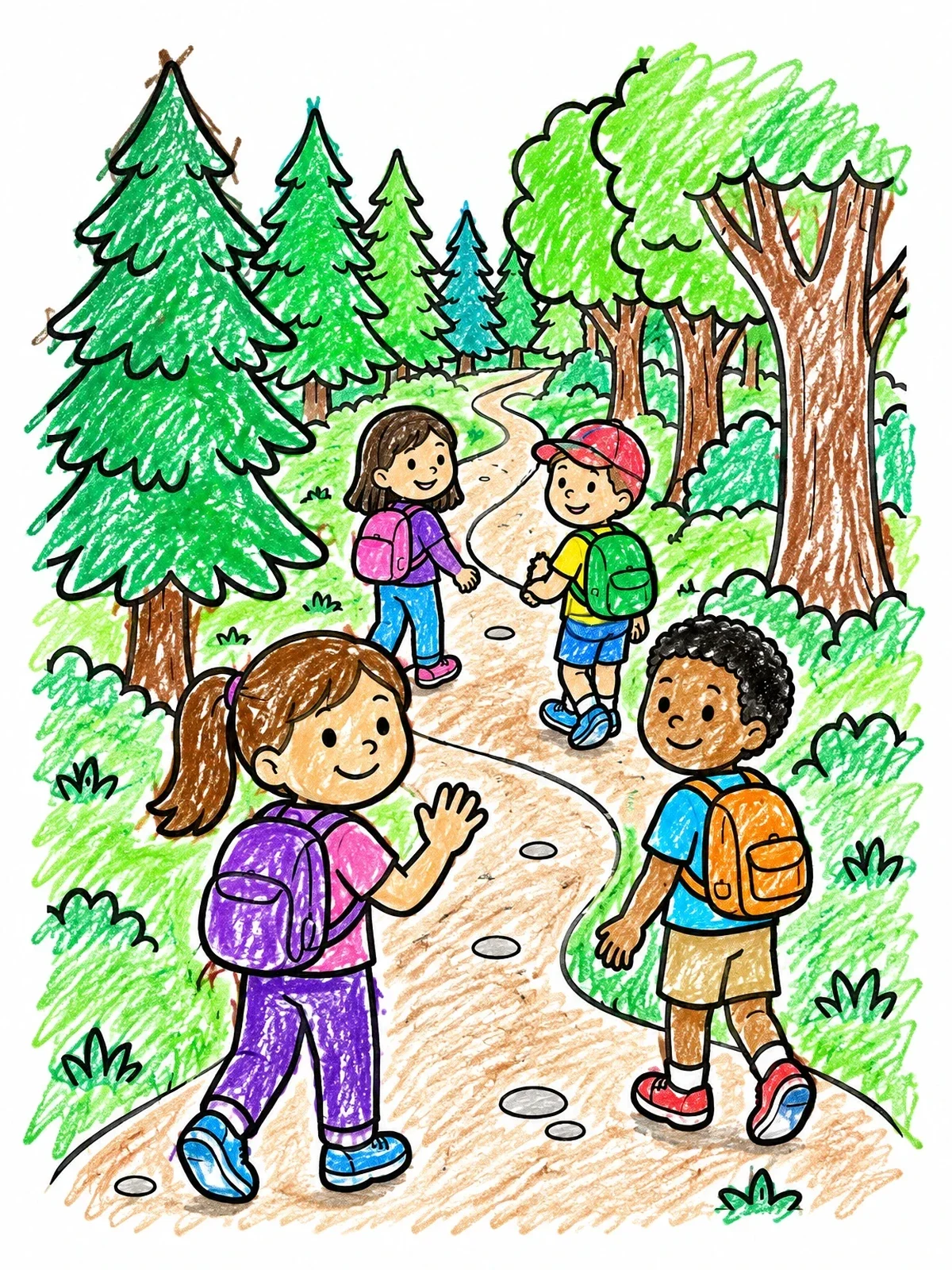 Colored example of the Children Hiking In The Woods coloring page