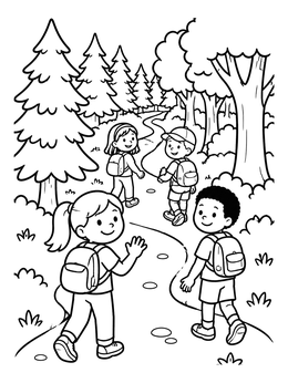 Free printable Children Hiking In The Woods coloring page