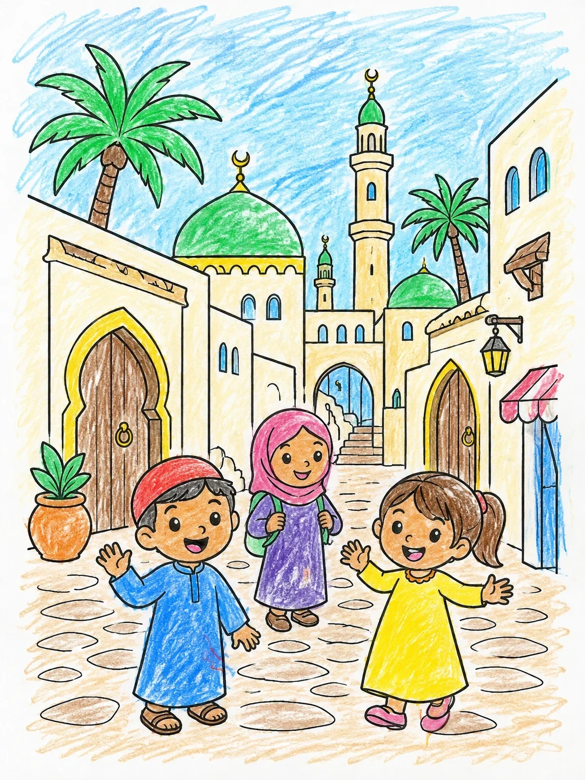 Colored example of the Children In A Historic Medina coloring page