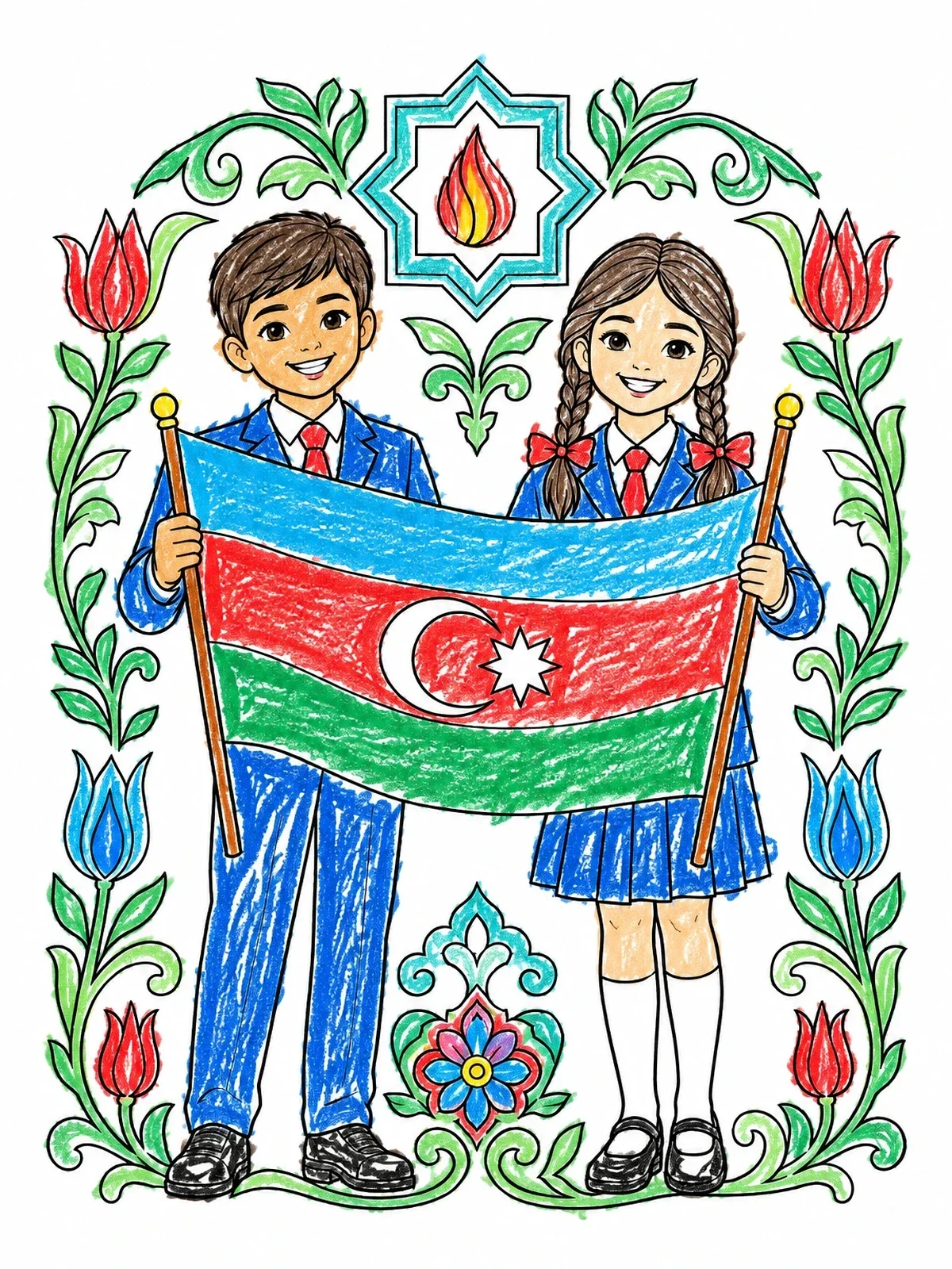 Colored example of the Children Holding Azerbaijan Flag coloring page