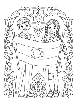 Two smiling students proudly hold a banner in this azerbaijan coloring page.