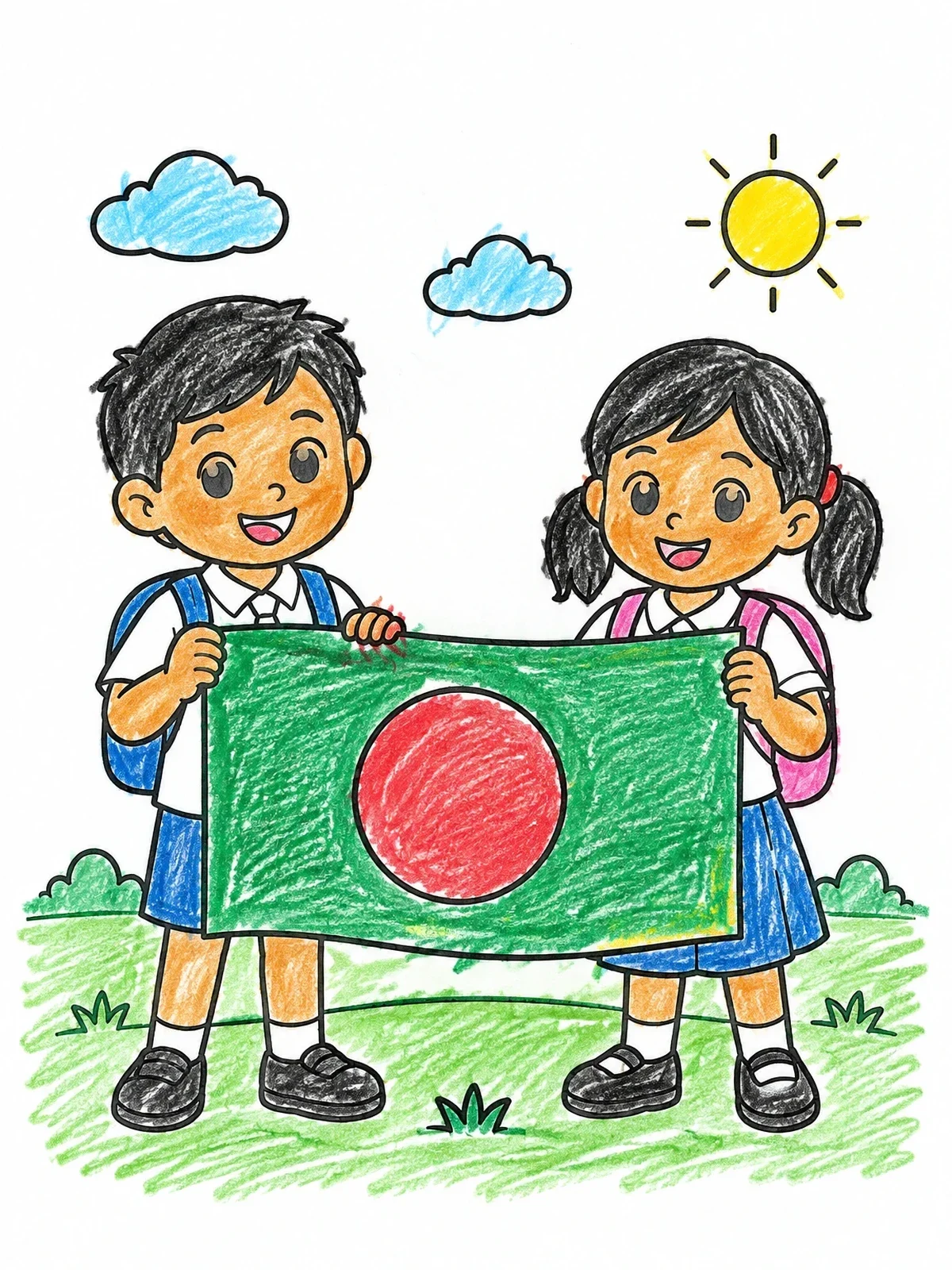 Colored example of the Children Holding Bangladesh Flag Outdoors coloring page