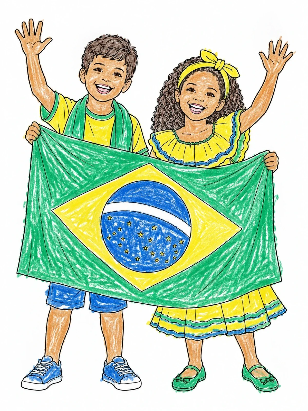 Colored example of the Children Holding Brazilian Flag coloring page
