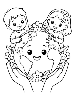 A sweet earth coloring page showing kids and gentle hands holding a smiling cartoon planet.