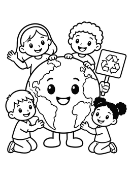 Free printable Children Hugging Smiling Earth Globe coloring page