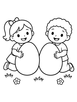 A sweet easter egg coloring page showing two happy children holding giant eggs in a flower garden.