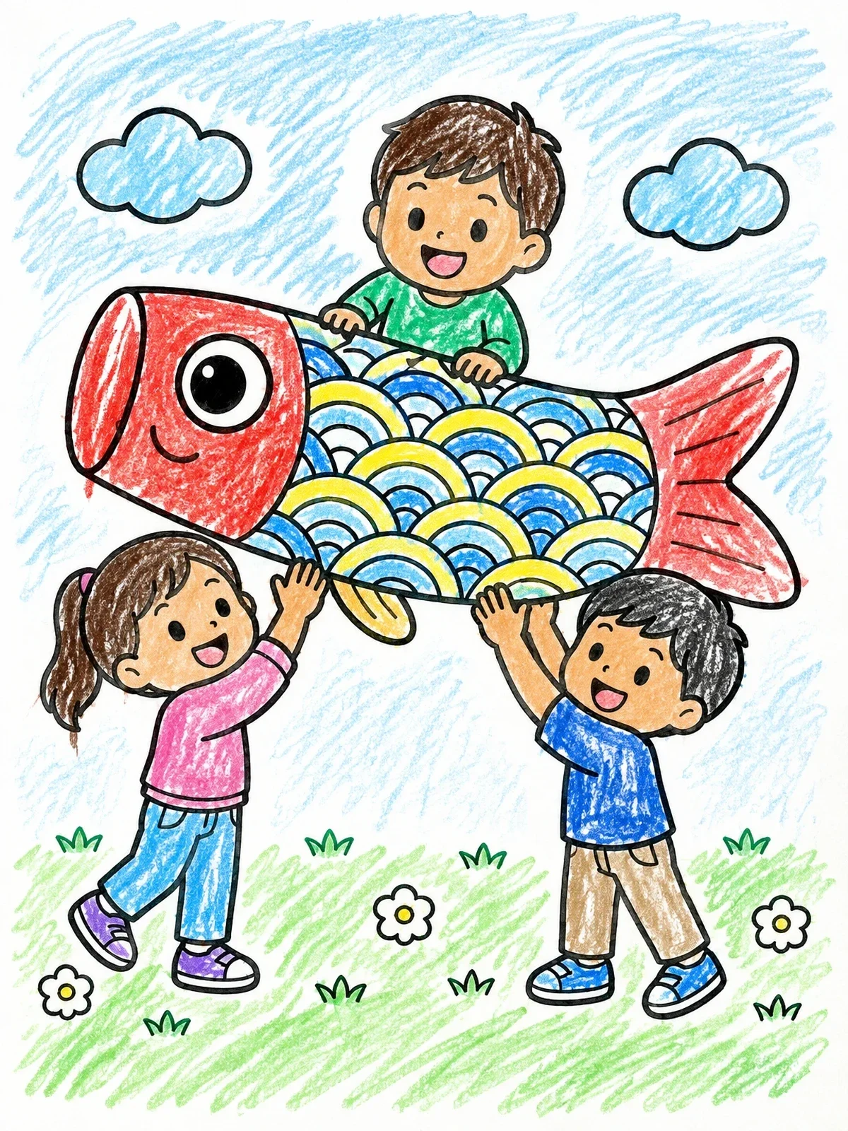 Colored example of the Children Holding A Giant Koinobori coloring page