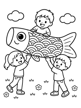 Free printable Children Holding A Giant Koinobori coloring page