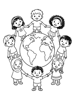 A sweet earth coloring page showing diverse children holding hands in a circle around the globe.
