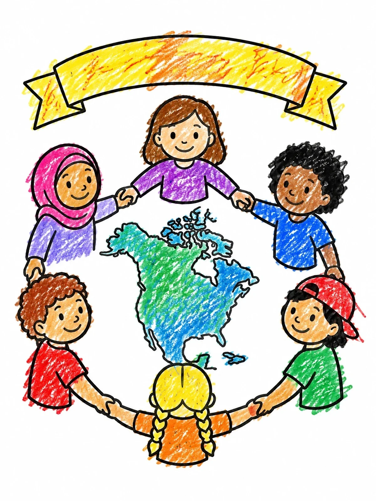 Colored example of the Children Holding Hands Around North America coloring page