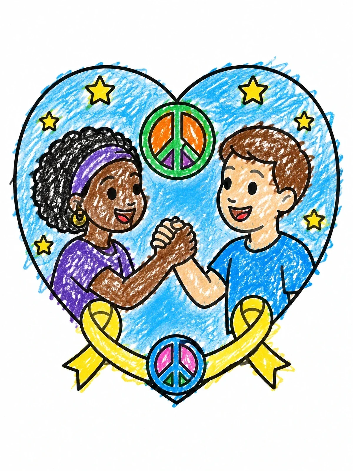 Colored example of the Children Holding Hands For Peace coloring page