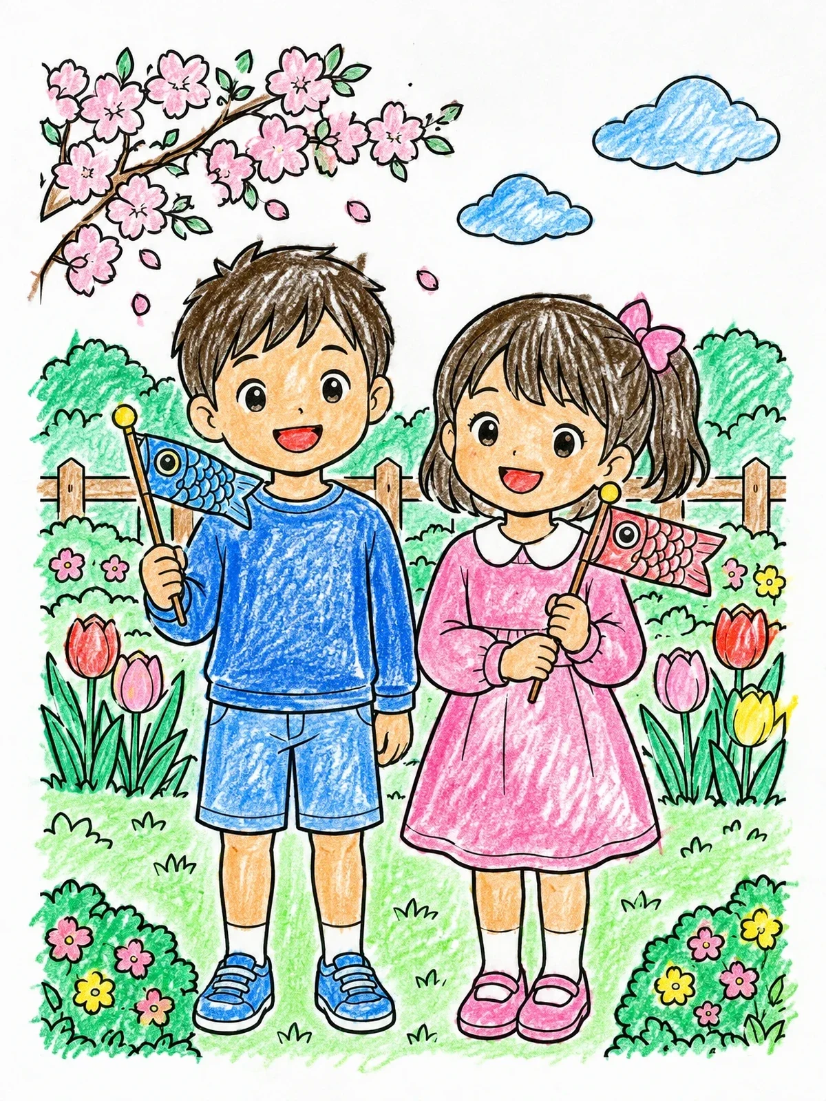 Colored example of the Children Holding Koinobori In Spring Garden coloring page