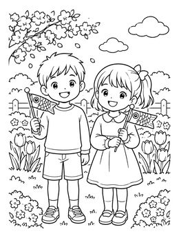 A cheerful boy and girl holding carp flags in this koinobori coloring page.
