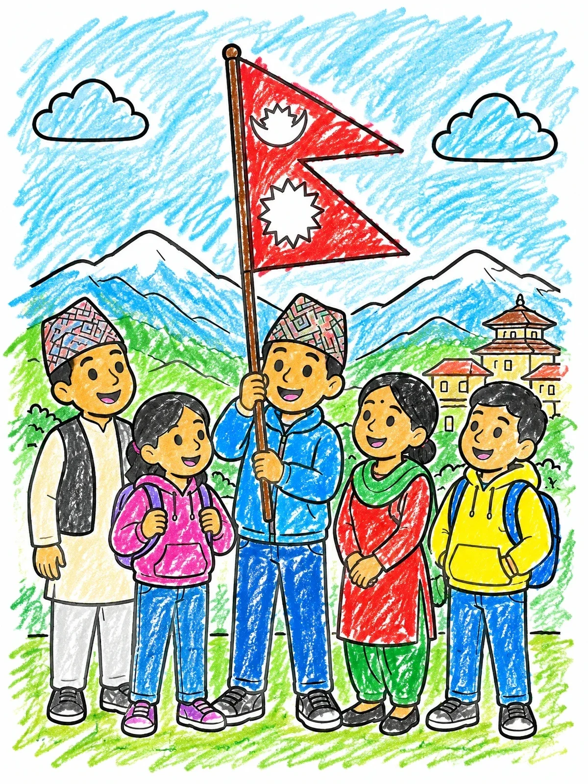 Colored example of the Children Holding Nepal Flag Outdoors coloring page