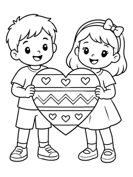 Free printable Children Holding Patterned Big Heart coloring page