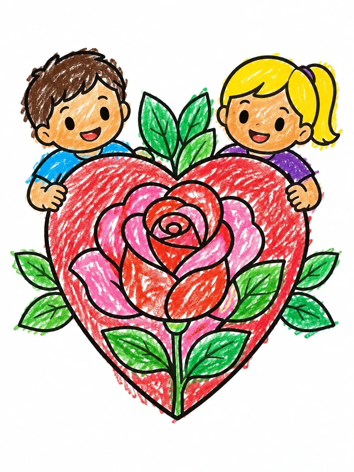 Colored example of the Children Holding Heart With Blooming Rose coloring page
