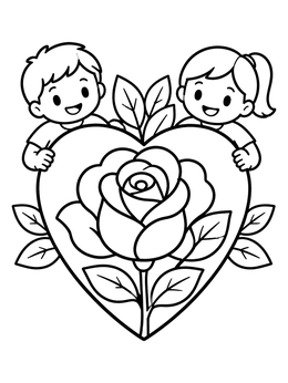 Free printable Children Holding Heart With Blooming Rose coloring page