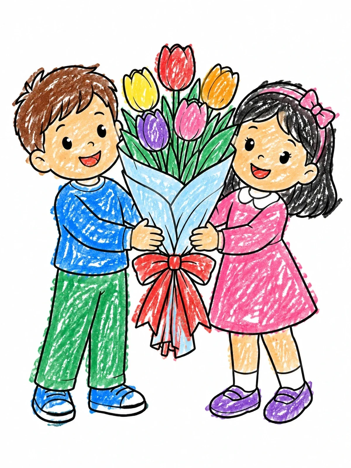 Colored example of the Children Holding A Tulip Bouquet coloring page