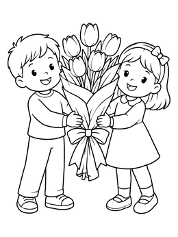 Free printable Children Holding A Tulip Bouquet coloring page