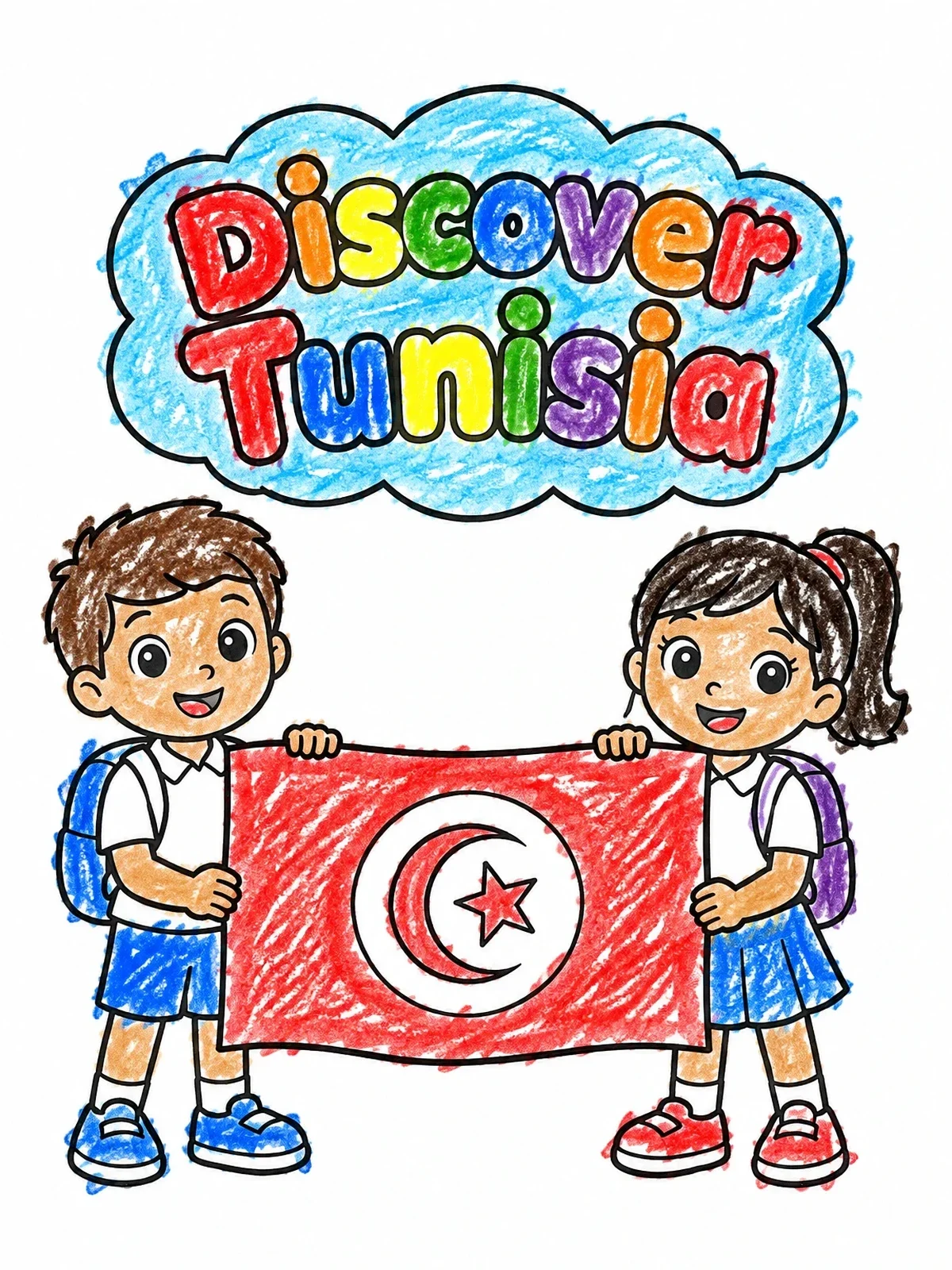Colored example of the Children Holding Tunisian Flag coloring page