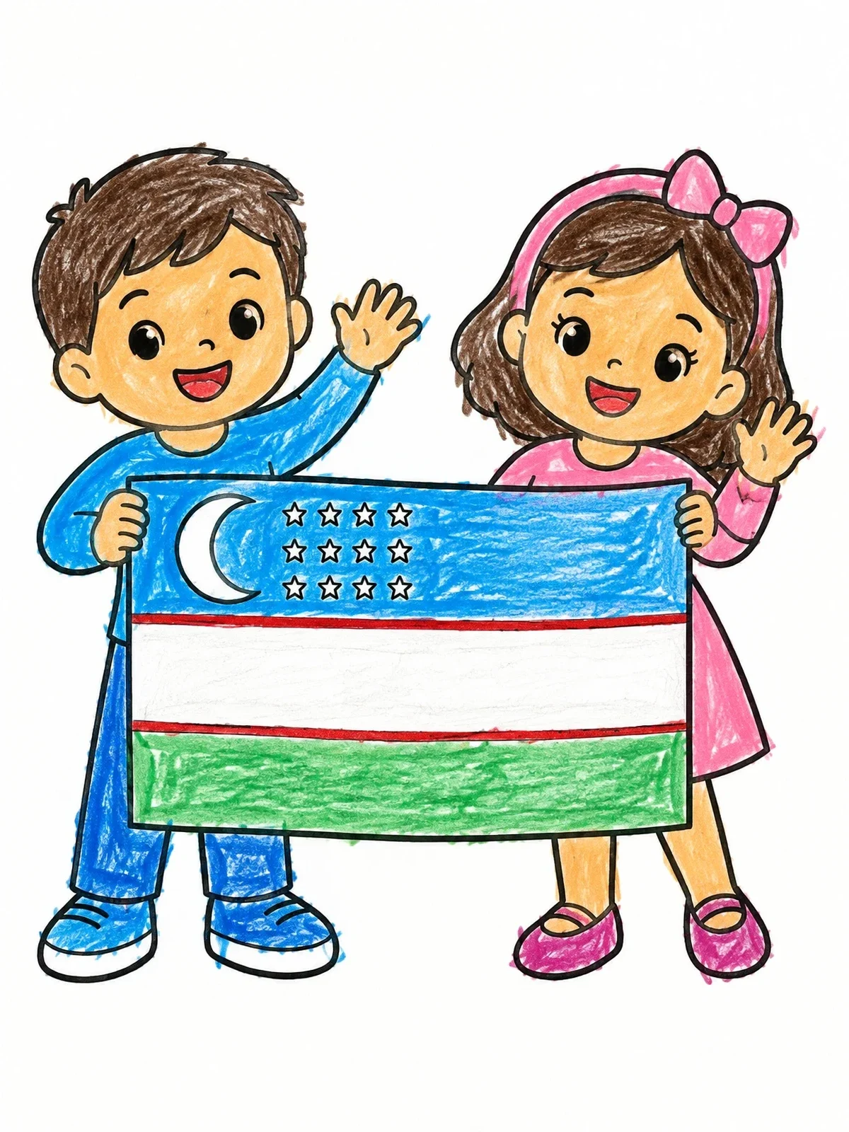 Colored example of the Children Holding Uzbekistan Flag coloring page