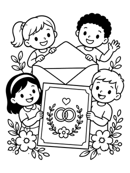 Children holding an open invitation on this wedding coloring page with flowers.
