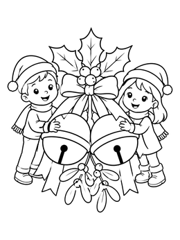 Free printable Children With Holiday Bells And Mistletoe coloring page