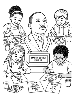 A martin luther king coloring page showing children making peace signs and thank-you cards around his bust.